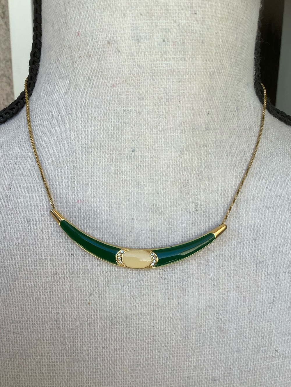Gold-Tone Green Enamel Crescent Necklace with Cream Accent